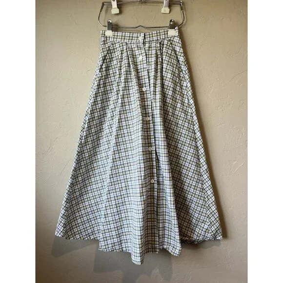 Vintage A Line Full Skirt Plaid Button Down Pockets Preppy 90s Maxi Modi - Picture 1 of 9